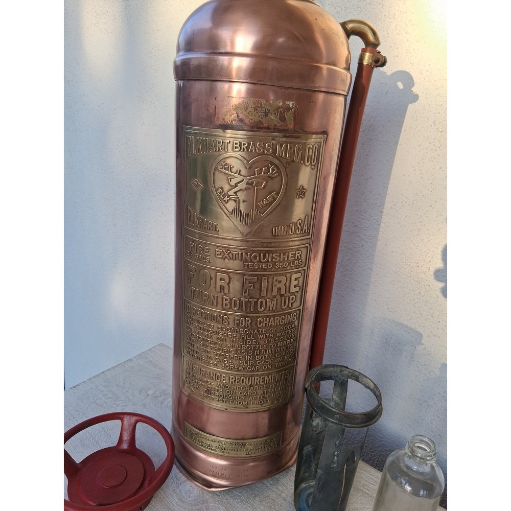 Vintage Elkhart Brass Copper Fire Extinguisher Soda Acid 2.5 Gal Elk Heart Logo